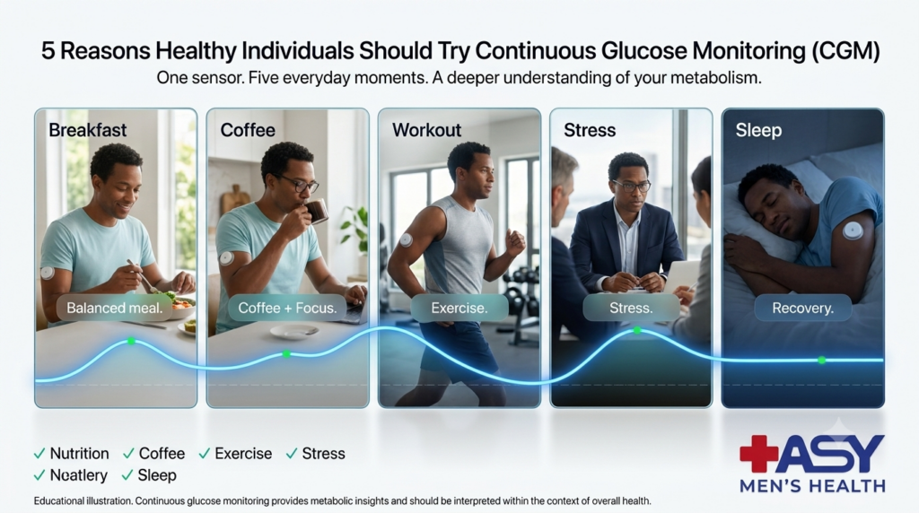 Healthy adult wearing a continuous glucose monitor (CGM) showing glucose responses during meals, coffee, exercise, stress, and sleep