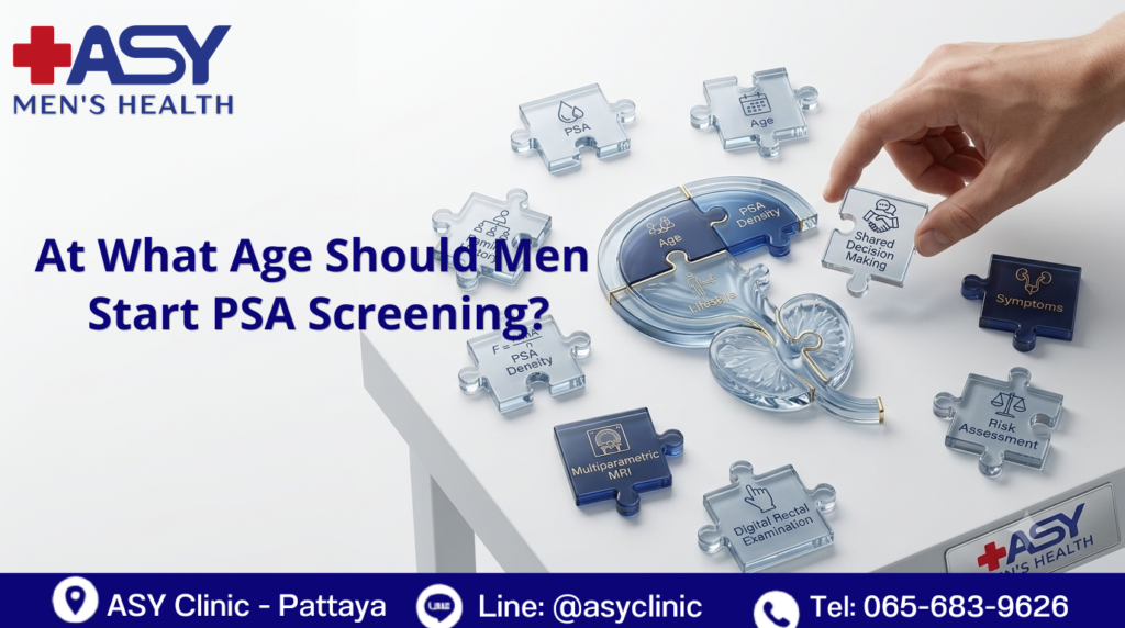 Crystal puzzle illustrating personalized prostate cancer screening using PSA testing, age, family history, PSA Density, prostate MRI, and shared decision making.