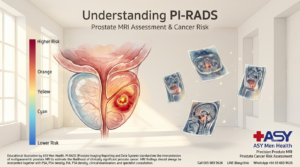 Editorial medical illustration showing PI-RADS risk gradient on prostate MRI with increasing levels of suspicion for clinically significant prostate cancer.
