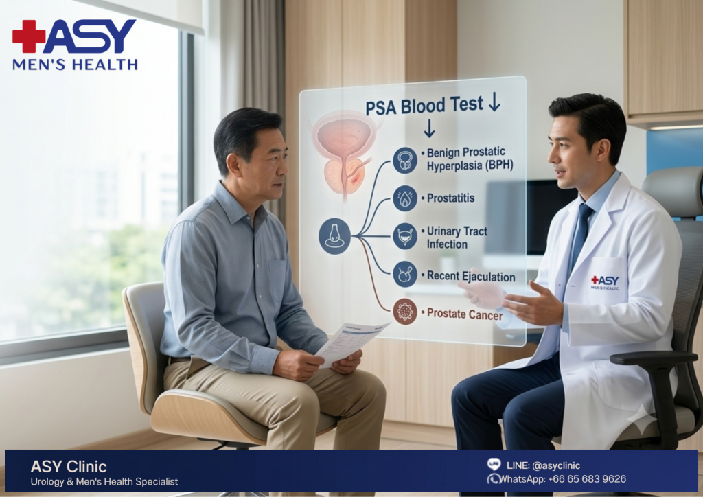 Urologist explaining that high PSA levels can be caused by several conditions besides prostate cancer, including BPH and prostatitis.