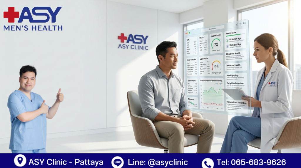 Physician reviewing Precision Longevity biomarkers with a healthy middle-aged man during a personalized preventive health assessment, including HbA1c, testosterone, telomere testing, and continuous glucose monitoring.