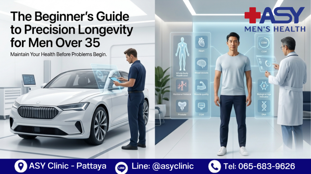 Split screen comparing luxury car preventive maintenance with precision longevity health assessment for men over 35 by ASY Clinic Pattaya