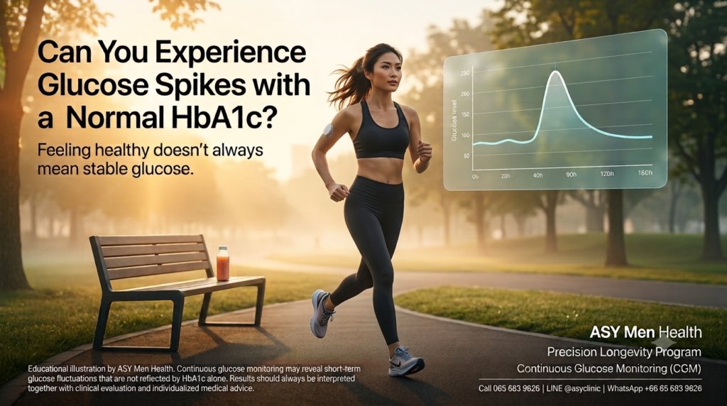 Healthy runner wearing a continuous glucose monitor (CGM) showing a glucose spike despite having a normal HbA1c level.