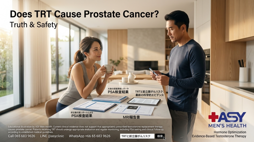 Couple discussing testosterone replacement therapy (TRT) with PSA test and prostate MRI results, illustrating evidence-based prostate cancer safety assessment.