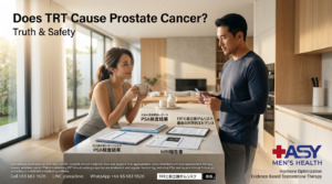 Couple discussing testosterone replacement therapy (TRT) with PSA test and prostate MRI results, illustrating evidence-based prostate cancer safety assessment.