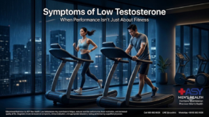 Athletic couple exercising in a gym, with the man appearing fatigued despite training, illustrating symptoms of low testosterone (Low T).