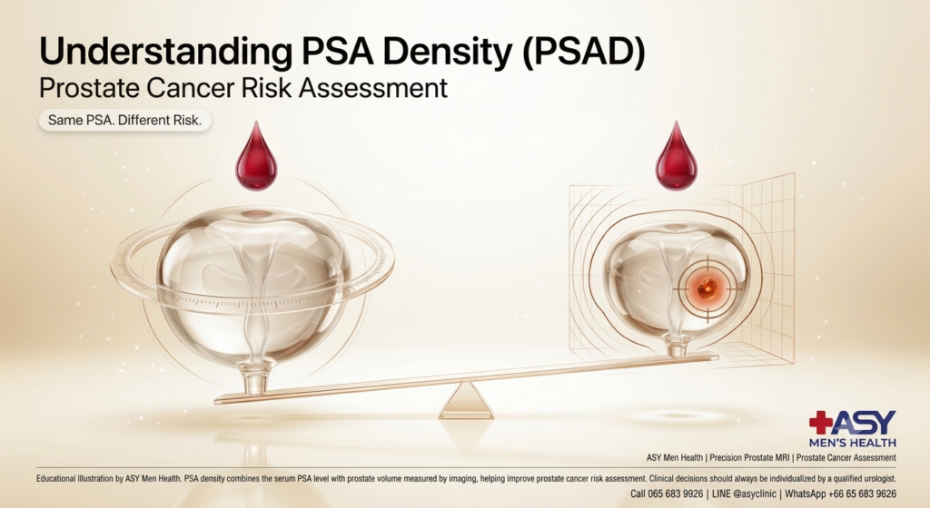 Two transparent prostates of different sizes with identical PSA levels illustrating the concept of PSA density (PSAD) for prostate cancer risk assessment