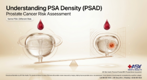 Two transparent prostates of different sizes with identical PSA levels illustrating the concept of PSA density (PSAD) for prostate cancer risk assessment