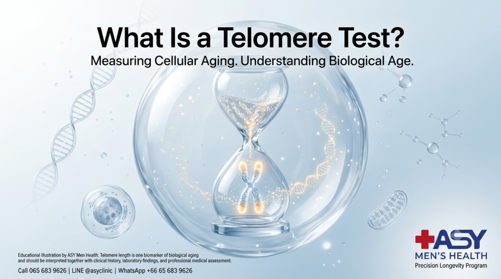Editorial medical illustration of a telomere test showing chromosomes with telomeres and an hourglass representing biological aging