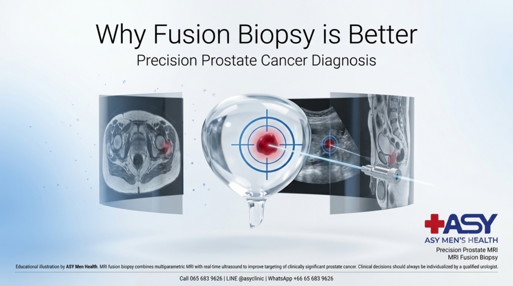 MRI fusion prostate biopsy illustration showing targeted biopsy of a clinically significant prostate lesion using MRI and ultrasound fusion guidance.