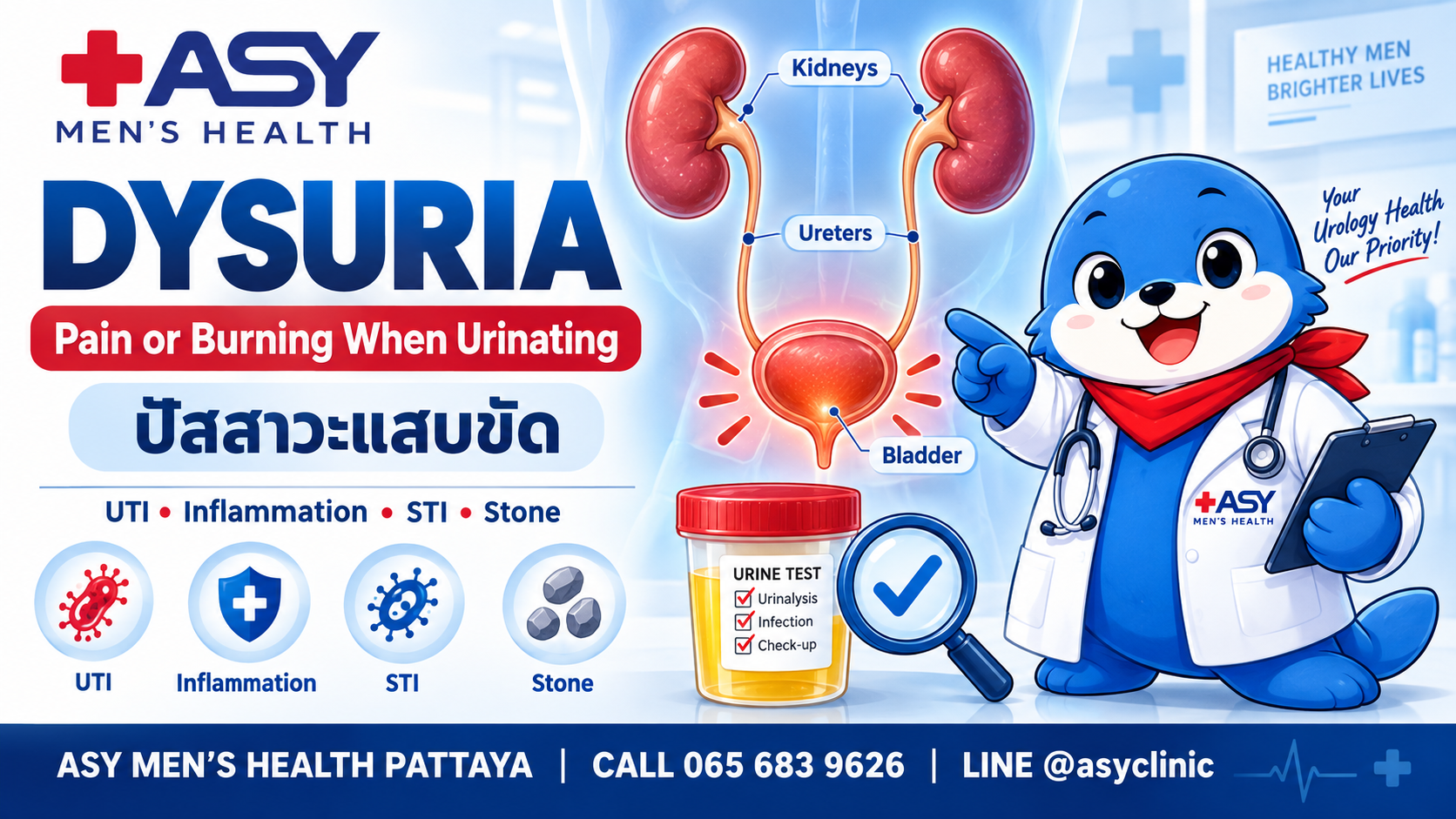 Dysuria medical infographic showing kidneys, ureters, bladder, urine testing and ASY urologist mascot in Pattaya