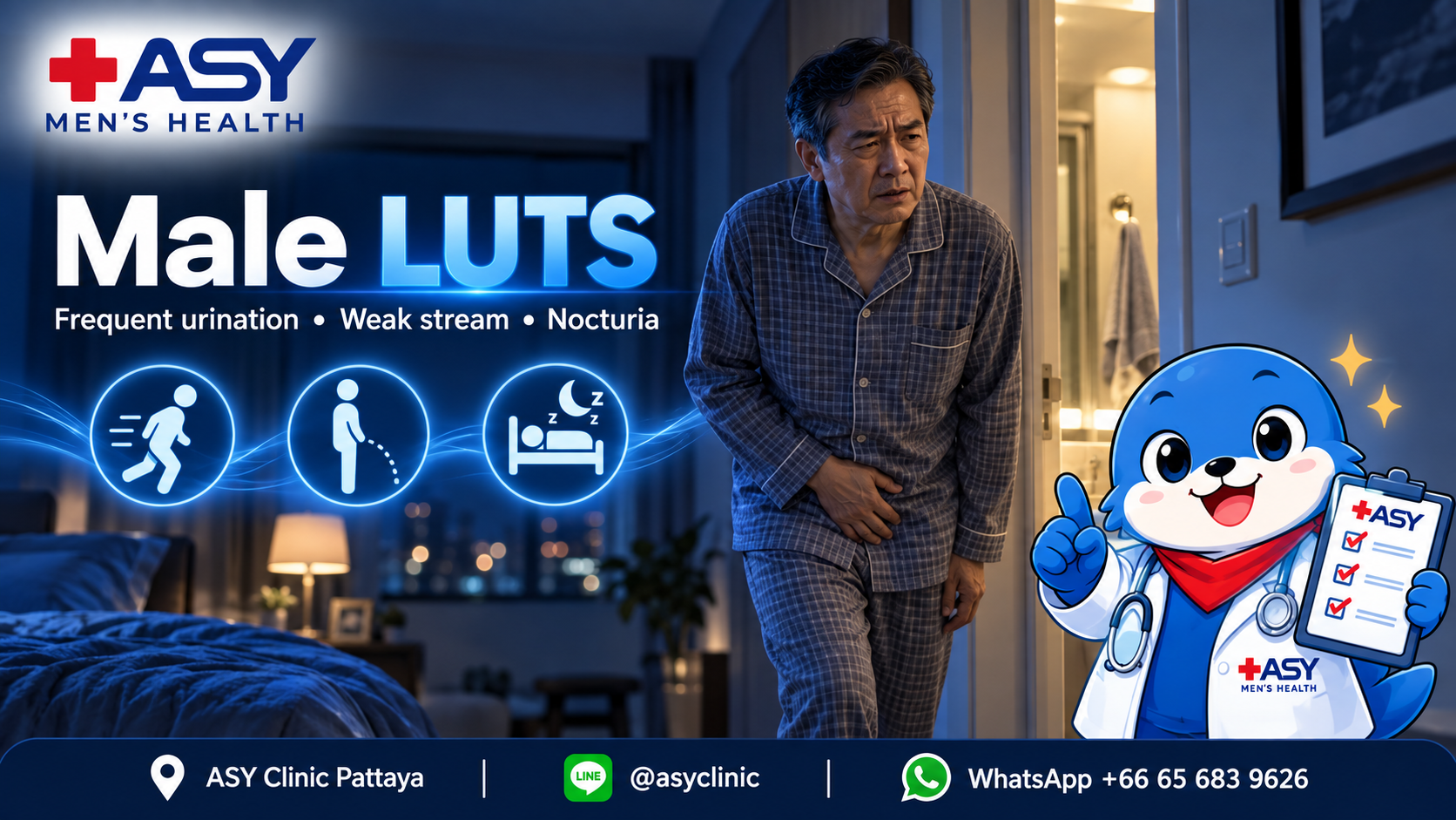 Male LUTS symptoms including frequent urination, weak urine stream and nocturia, evaluated by a urologist at ASY Men’s Health Pattaya