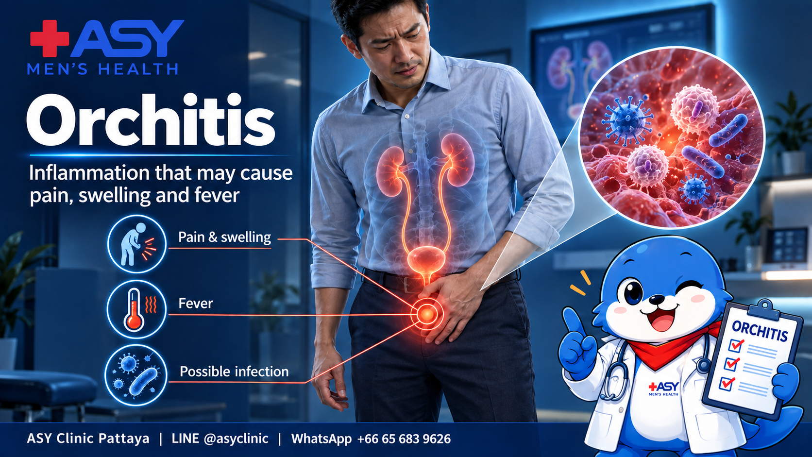 Man experiencing orchitis symptoms including groin pain, swelling and fever, with urinary tract and inflammation diagram at ASY Clinic Pattaya