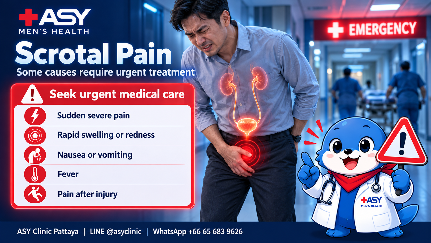 Man with scrotal pain and warning signs requiring urgent medical care, including sudden severe pain, rapid swelling, fever, vomiting and pain after injury